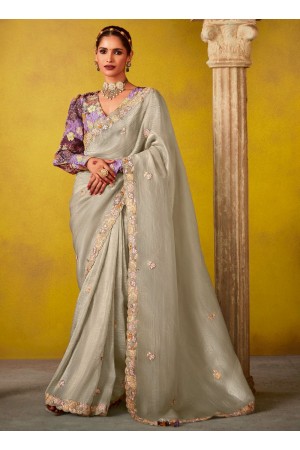 Silver glass tissue sequins embroidered wedding saree with blouse 2155